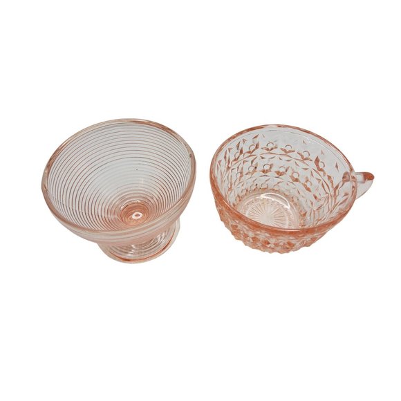 vintage depression glass pink beehive footed sugar bowl with tea cup - Picture 2 of 4